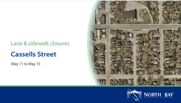 Rock scaling work closing one lane and sidewalk on Cassells
